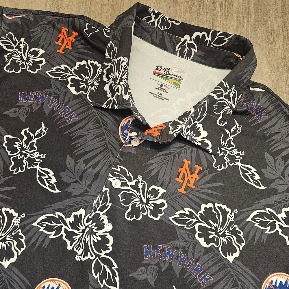 Reyn Spooner MLB New York Mets Polo Shirt 3XL Mens Black Tropical Floral Hibiscu
